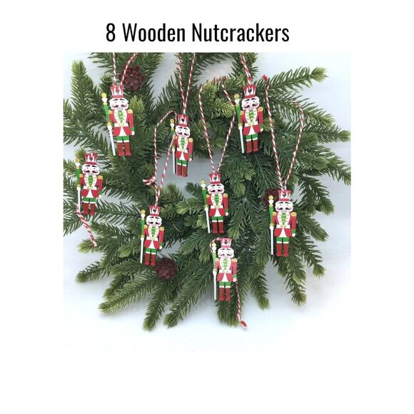 8- Nutcracker Ornaments Mini Tree Wooden Peppermint Thread 2 in - Picture 3 of 3